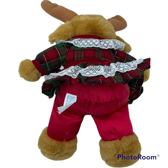 Christmas Moose Plush Toy Red Green Plaid Dress Lace Trim Soft Cuddly - Picture 2 of 4